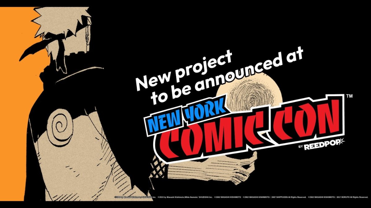 Ilustración de manga de Naruto con la cara en sombra sobre fondo negro y naranja, junto al texto «New project to be announced at» y el logotipo de la New York Comic Con